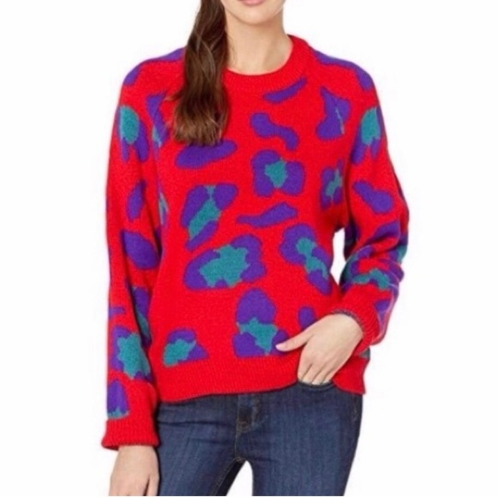 Blank NYC Vibrant Red and Purple Leopard Animal Print Crewneck Sweater